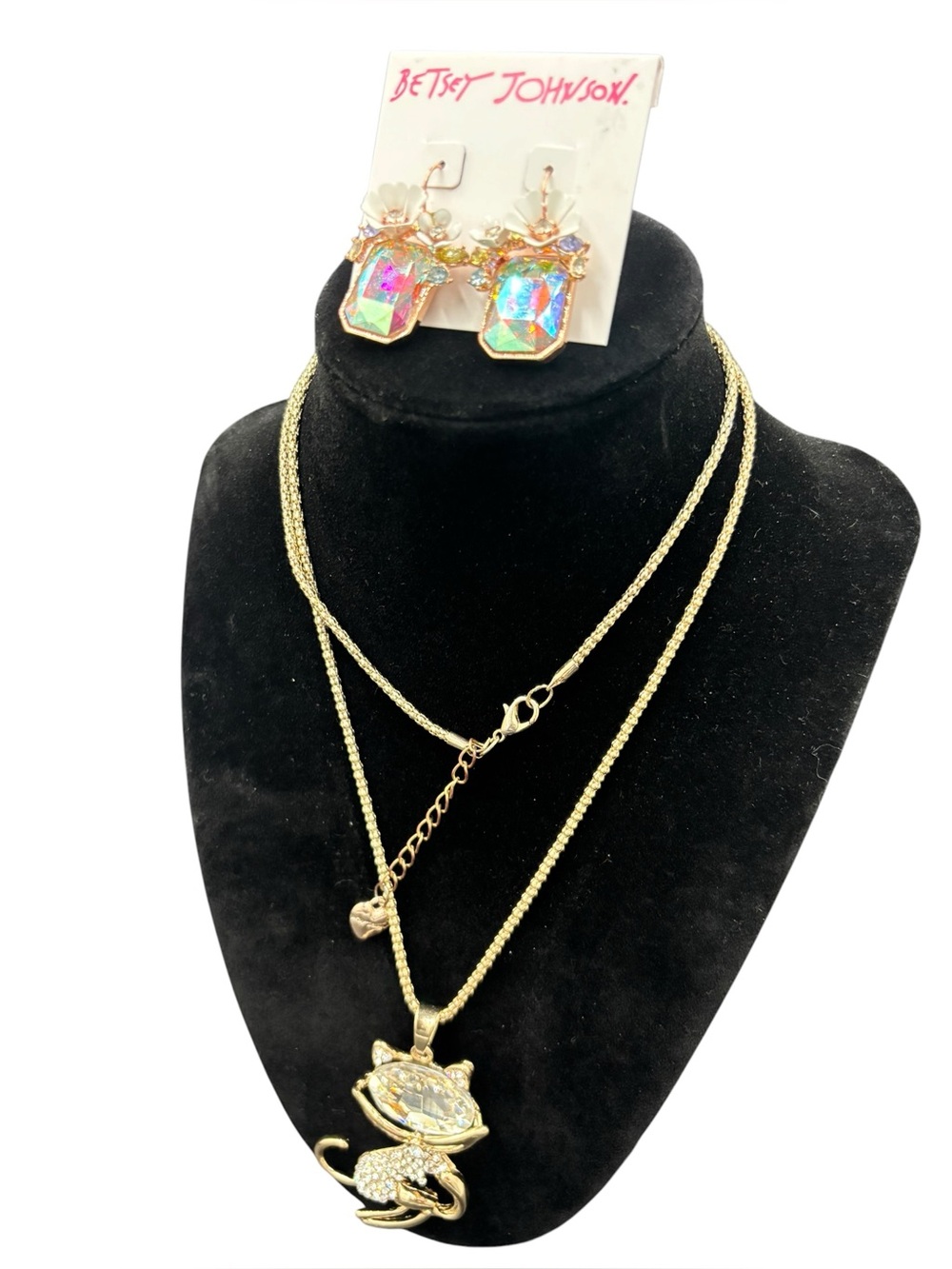 Betsey Johnson Jewelry Bundle – Crystal Cat Necklace + NWT Floral earrings